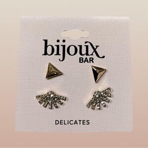 Bijoux Bar Fan Zirconia & Pyramid gold Stud Earrings Set Pierced Delicates NWT
